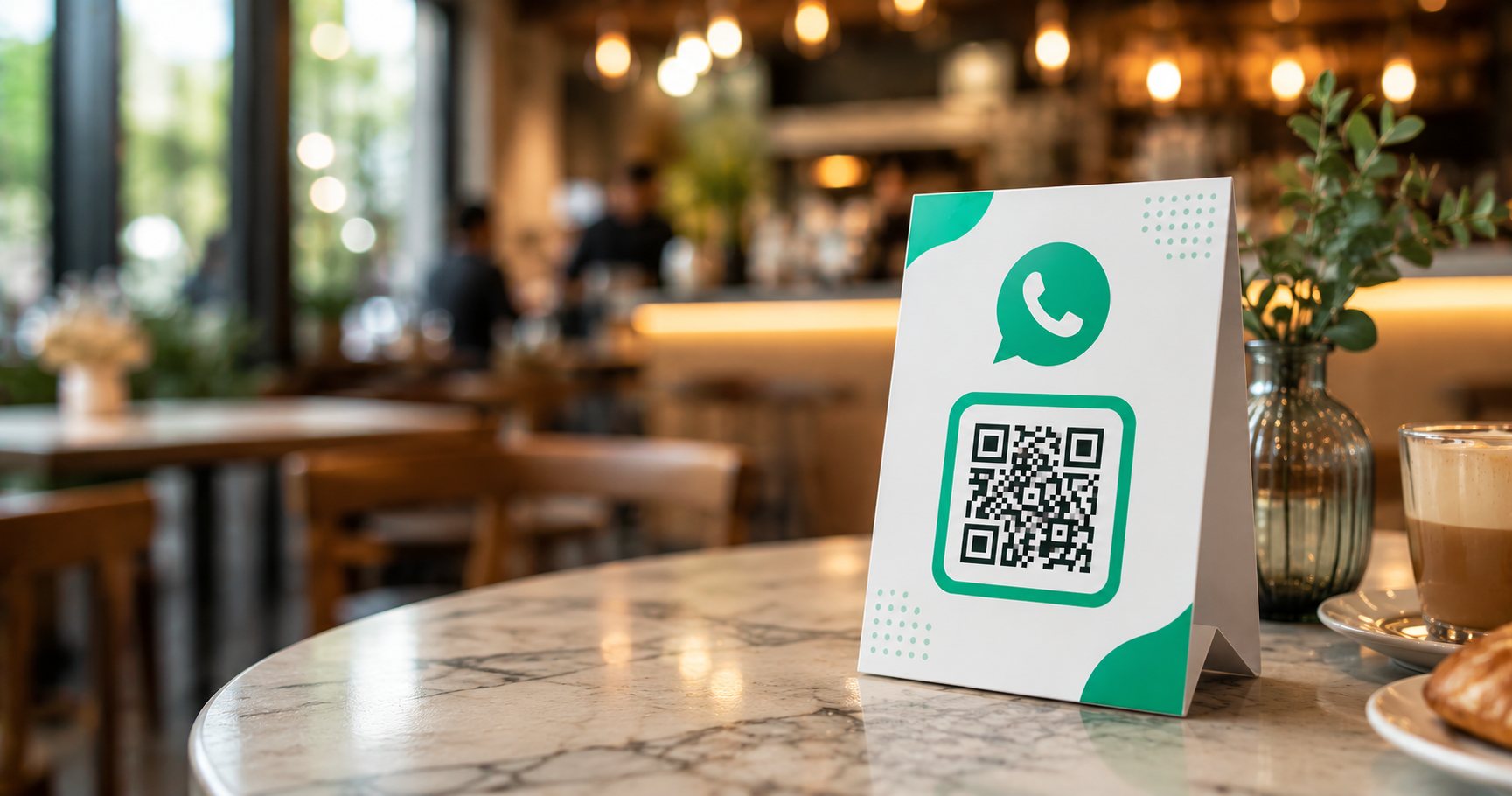 WhatsApp QR code table tent standing on a cafe table
