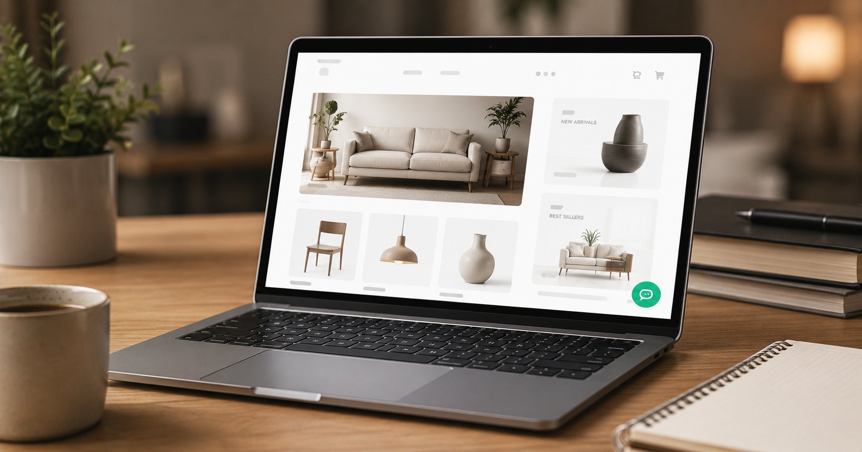WhatsApp chat button in the corner of an e-commerce website on a laptop