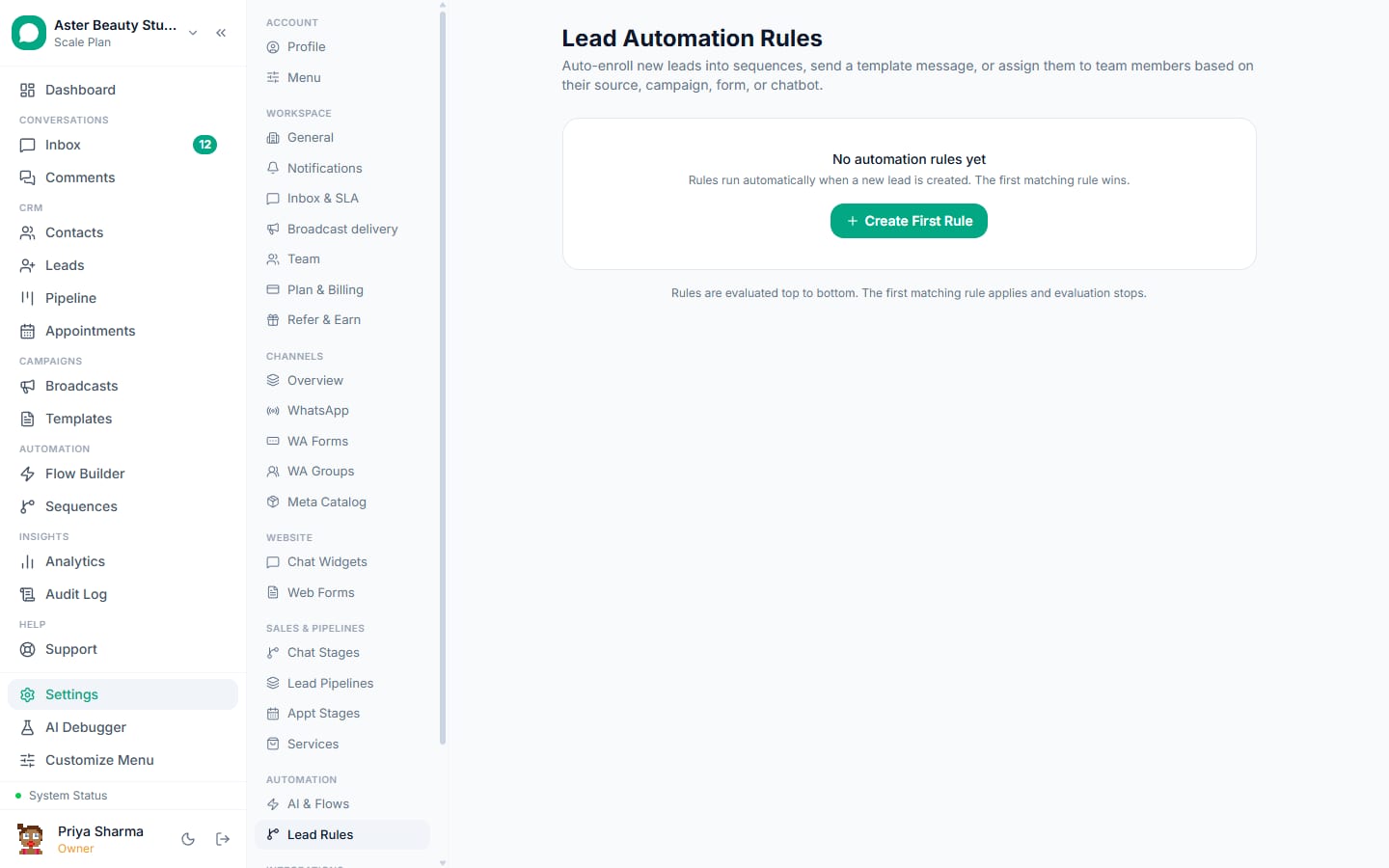 Lead automation rules in VGraple CRM that assign an owner, enrol a sequence or send a template when a lead matches a condition