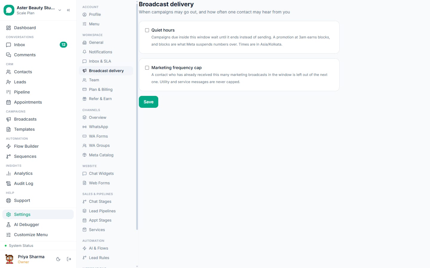 Broadcast delivery settings in VGraple CRM: quiet hours, per-user marketing frequency cap and pacing