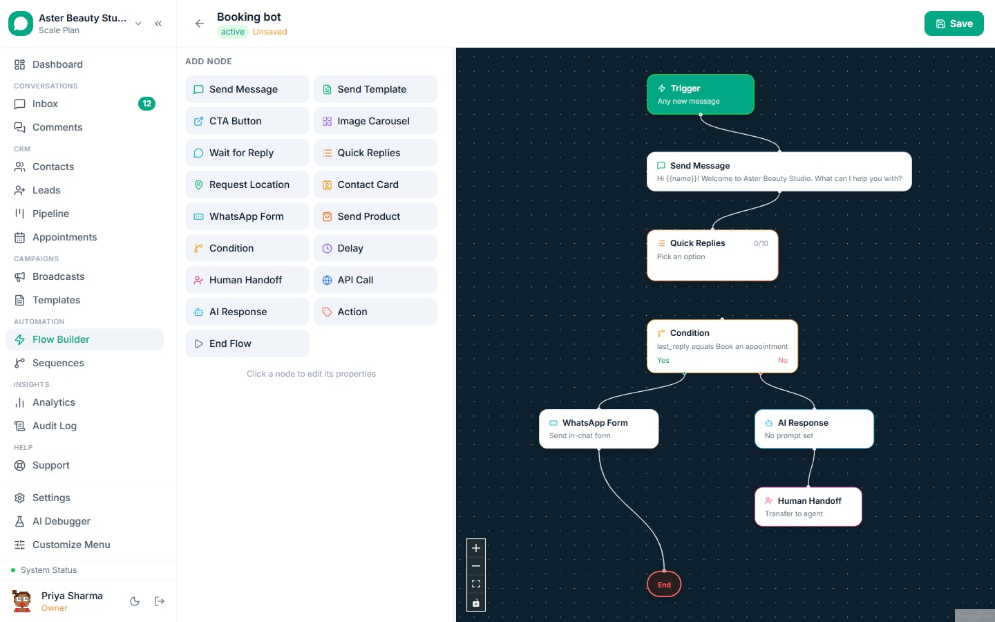 The VGraple CRM flow builder canvas: a booking bot built from trigger, message, quick replies, condition, WhatsApp form, AI response and human handoff nodes