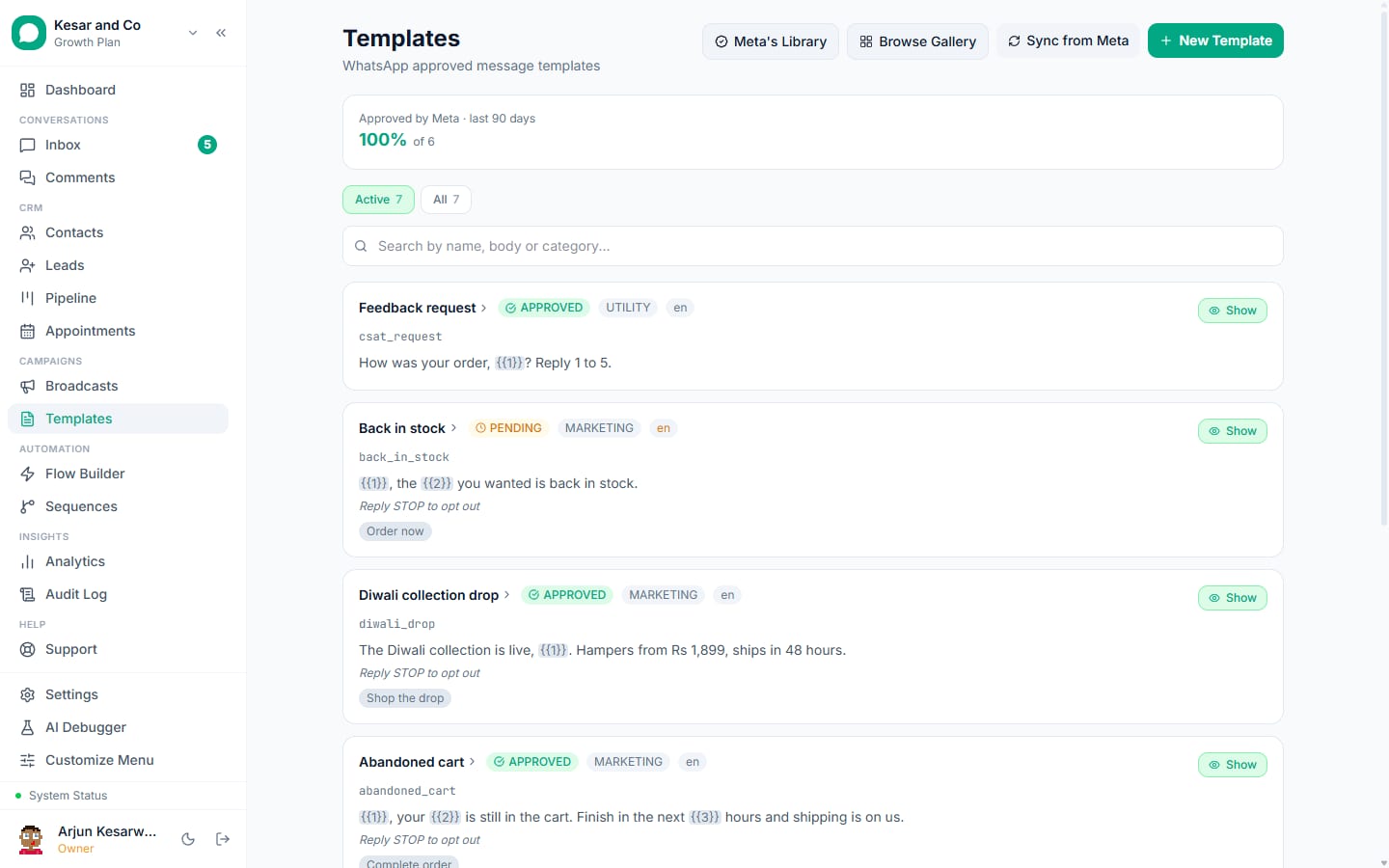 Order and shipping WhatsApp templates in VGraple CRM: order confirmed, shipping update, COD confirmation and abandoned cart