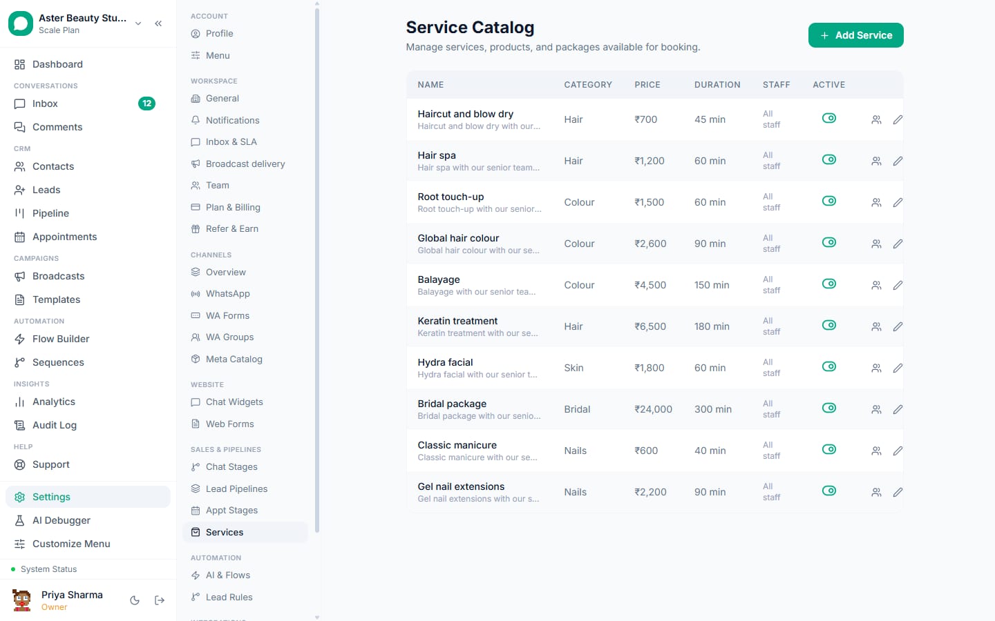 The service catalogue in VGraple CRM with prices, durations and deposits for each service