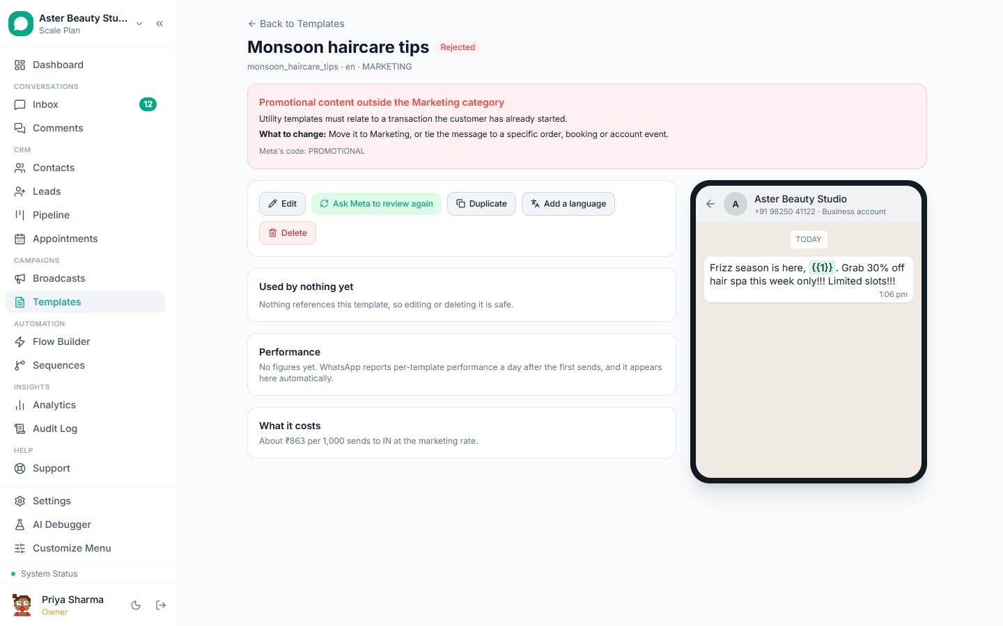 A rejected WhatsApp template in VGraple CRM showing the exact reason Meta gave and what to change