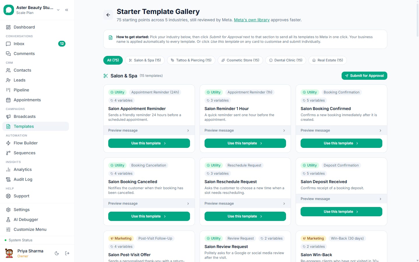 The template gallery in VGraple CRM: ready-made WhatsApp templates by industry and use case