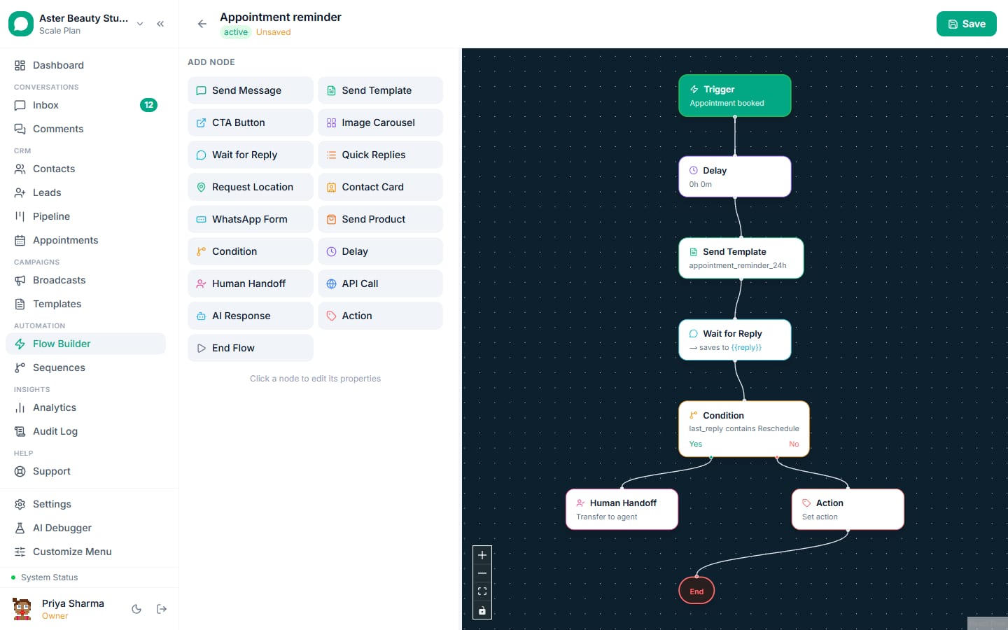 An appointment reminder flow in the VGraple CRM builder: wait 24 hours, send a template, wait for the reply, then branch to a human or tag the contact