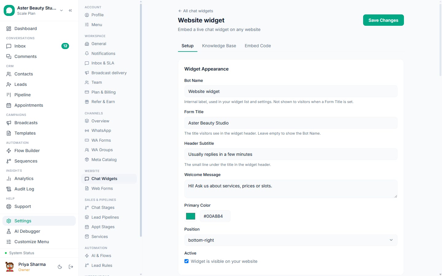 Chat widget configuration in VGraple CRM: appearance, welcome message, AI answering and the knowledge base behind it