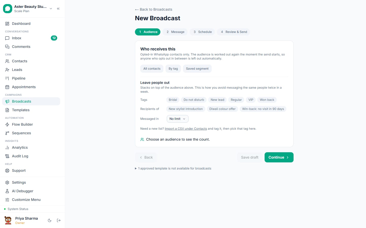 Composing a WhatsApp broadcast in VGraple CRM: template, audience, schedule, quiet hours and estimated cost before sending