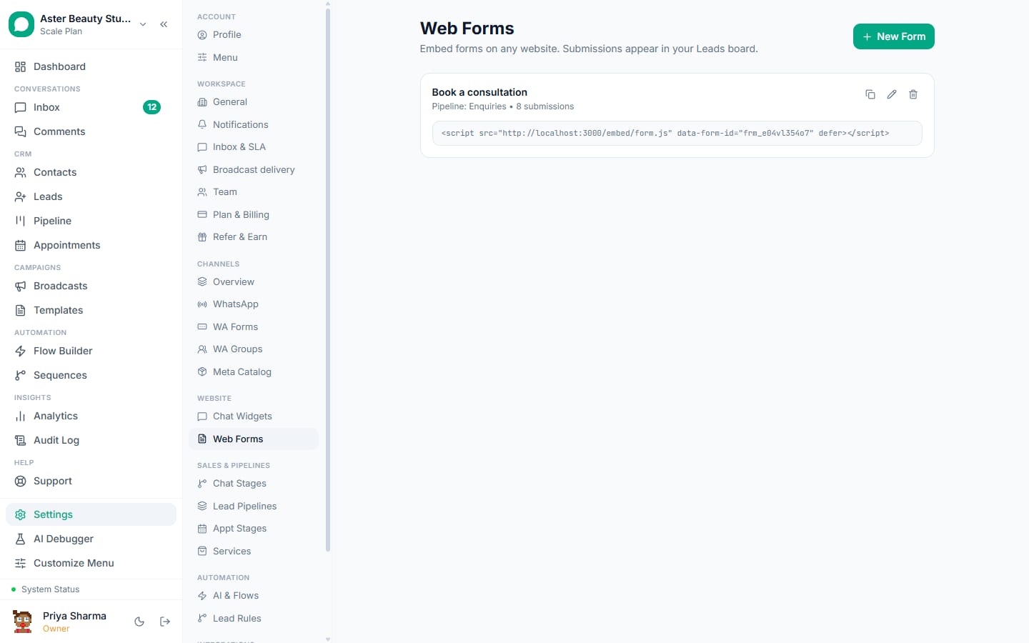 Web forms in VGraple CRM that create a lead and start a WhatsApp conversation on submit