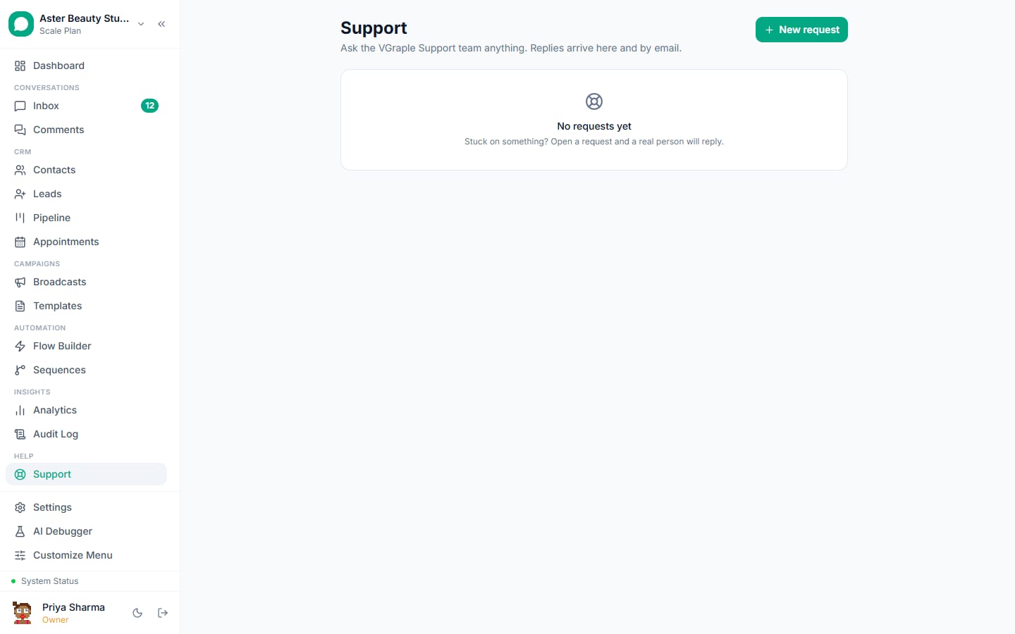 In-app support in VGraple CRM: a support thread with the product team