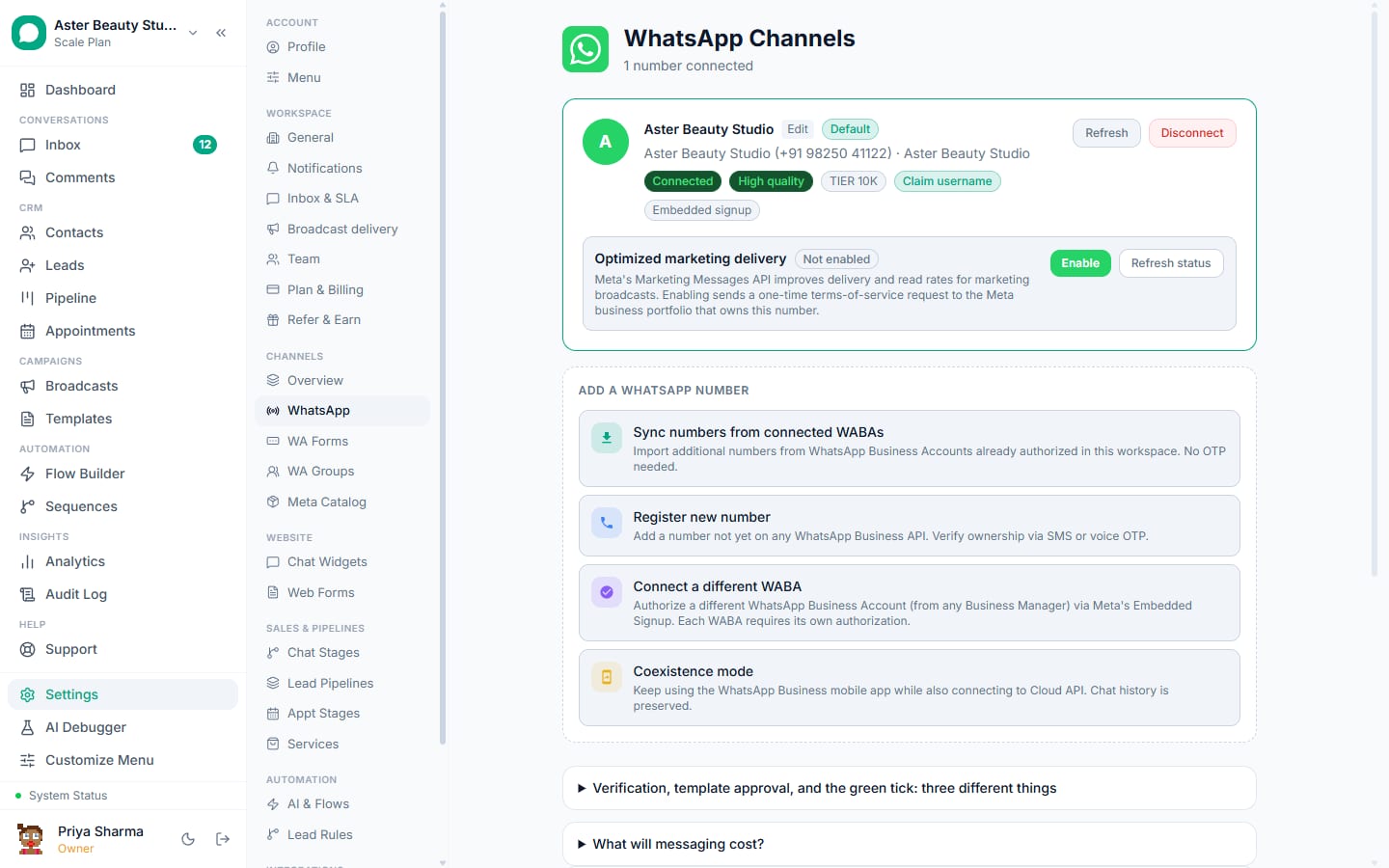 The connected WhatsApp number in VGraple CRM showing Connected status, High quality rating, the 10K messaging tier and coexistence options