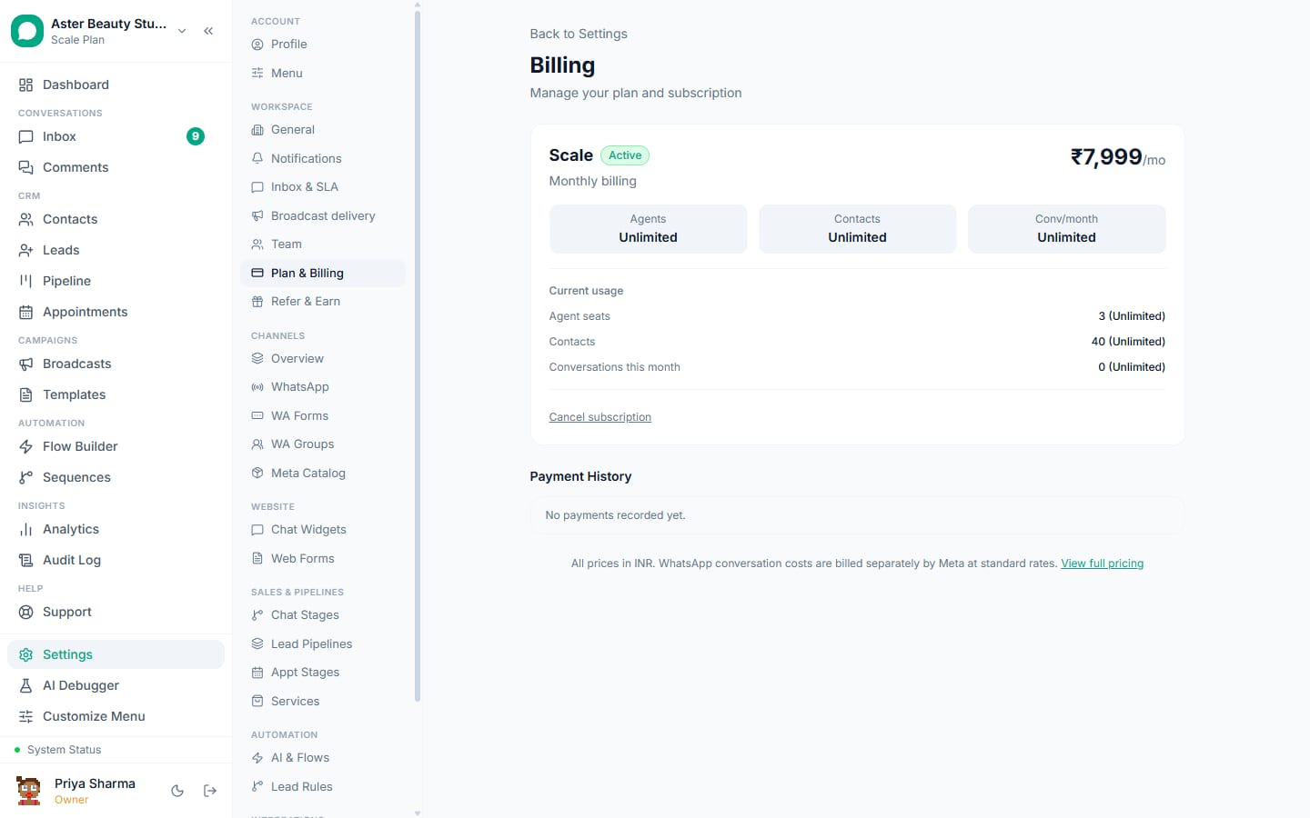 Plan and billing in VGraple CRM showing the current plan and usage against its limits