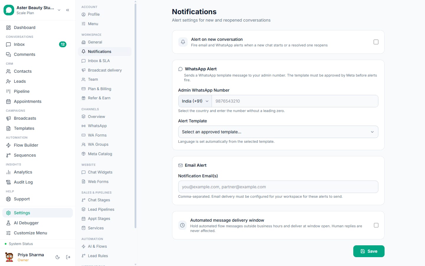 Notification settings in VGraple CRM for push, email and WhatsApp alerts
