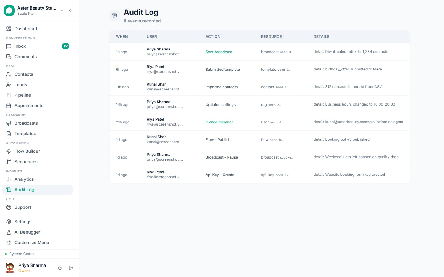 The audit log in VGraple CRM recording who sent each broadcast, changed settings or invited a team member