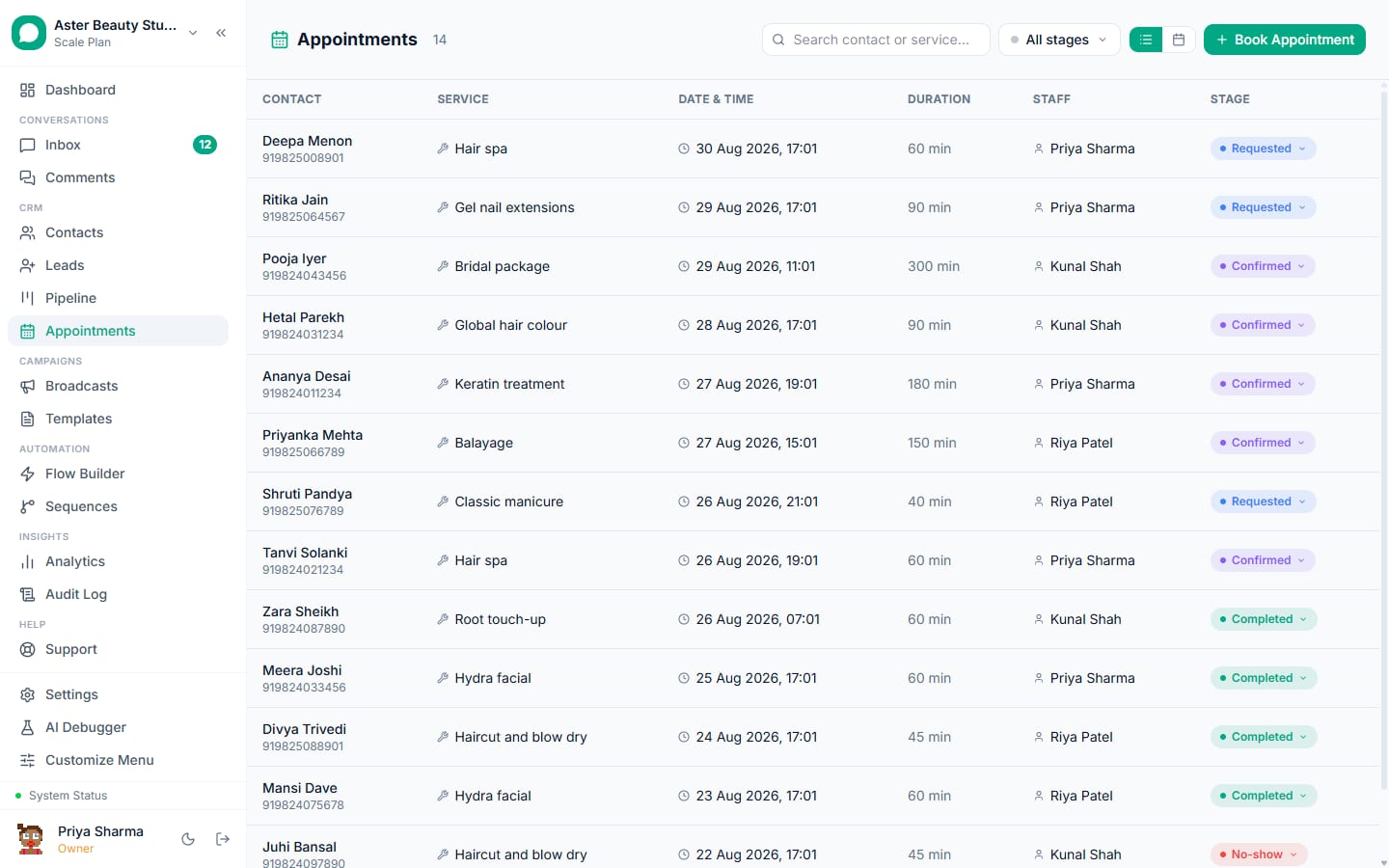 Appointments in VGraple CRM: 14 bookings with service, duration, assigned staff and stage from requested to completed