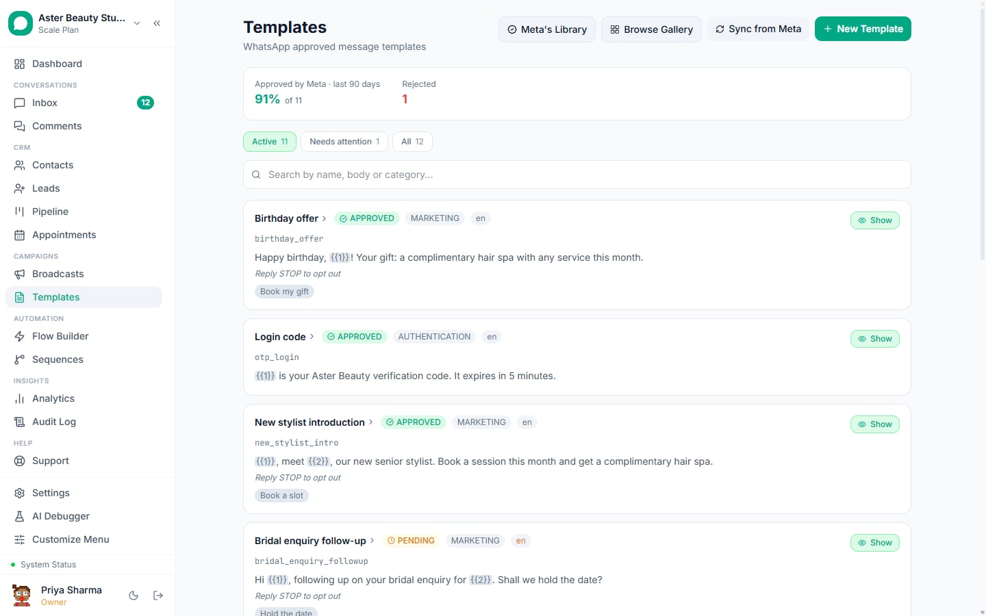 The WhatsApp message template library in VGraple CRM with approval status, category, quality rating and body preview for each template