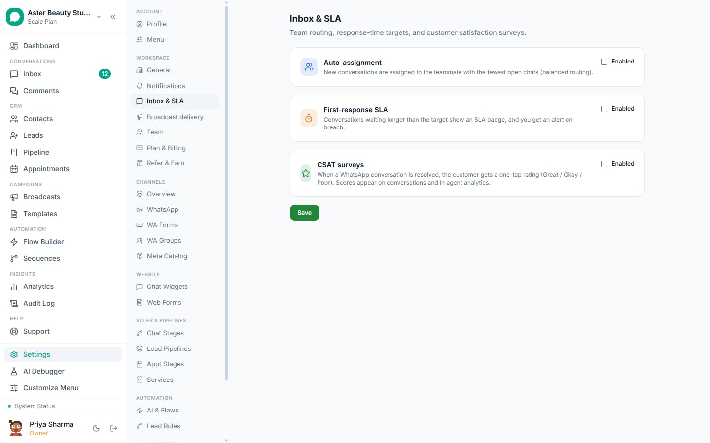 Inbox and SLA settings in VGraple CRM: response targets, auto-assignment and working hours