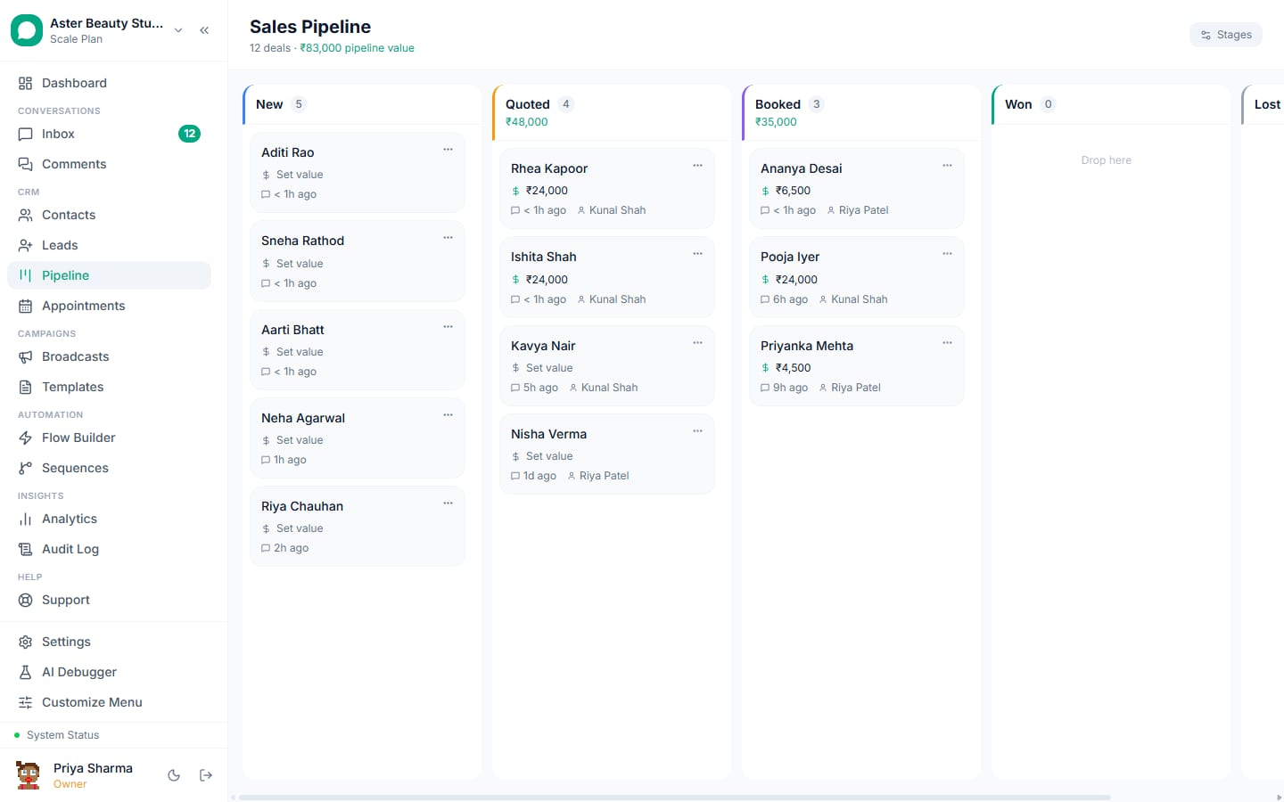 The sales pipeline board in VGraple CRM with deals moving through stages
