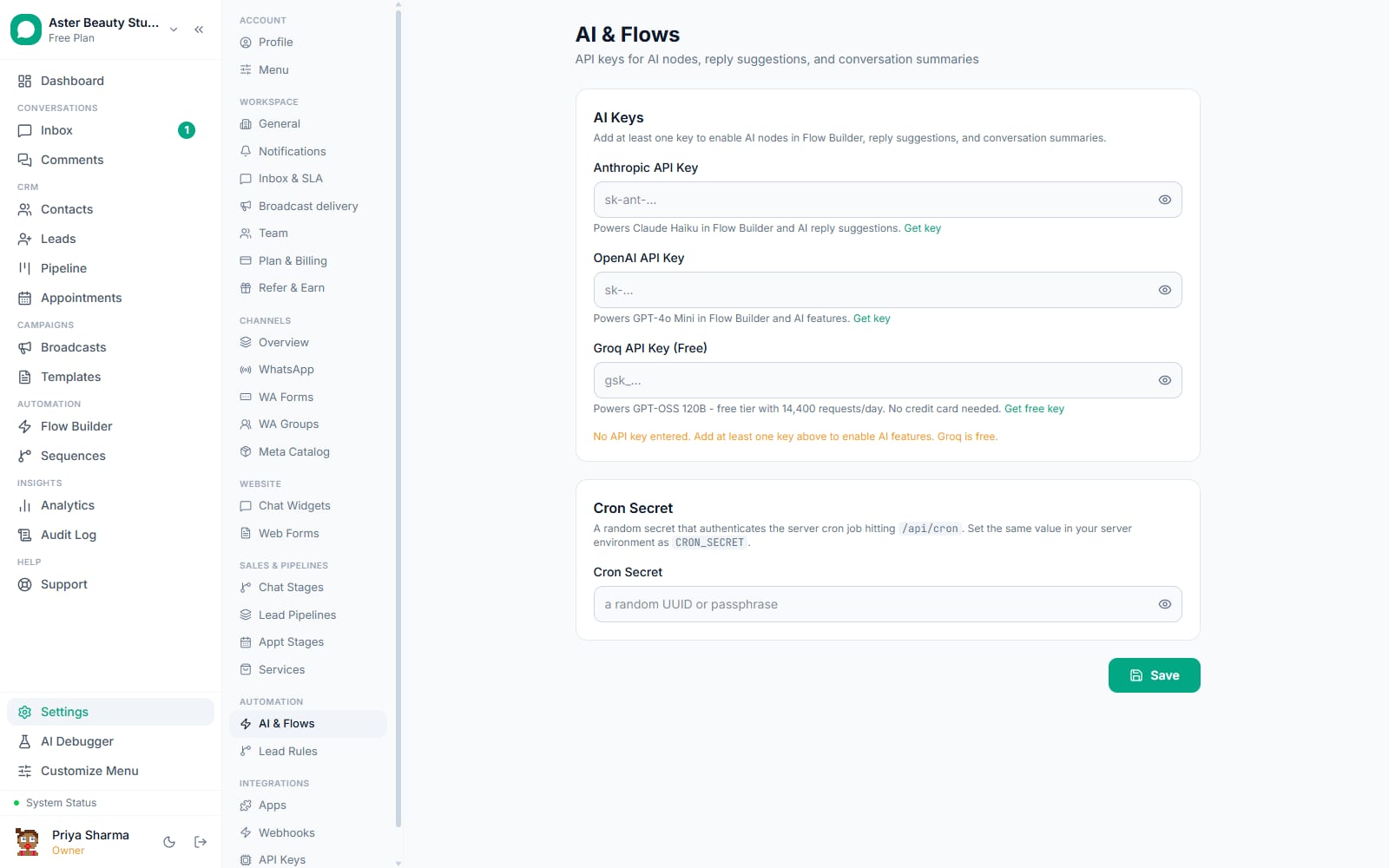 AI and flows settings in VGraple CRM with provider keys and the Cron secret