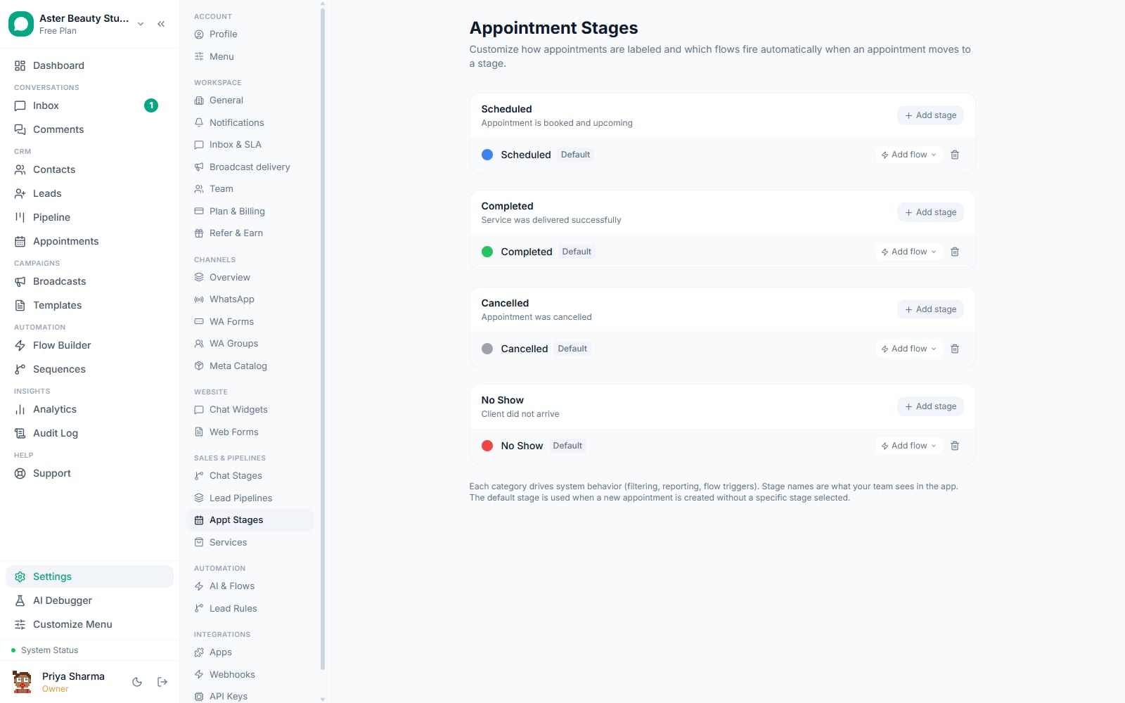 Appointment stages settings in VGraple CRM with automation per stage