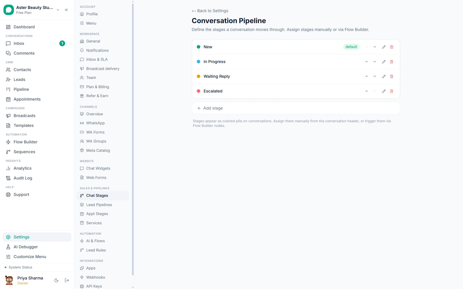 Conversation pipeline stages settings in VGraple CRM