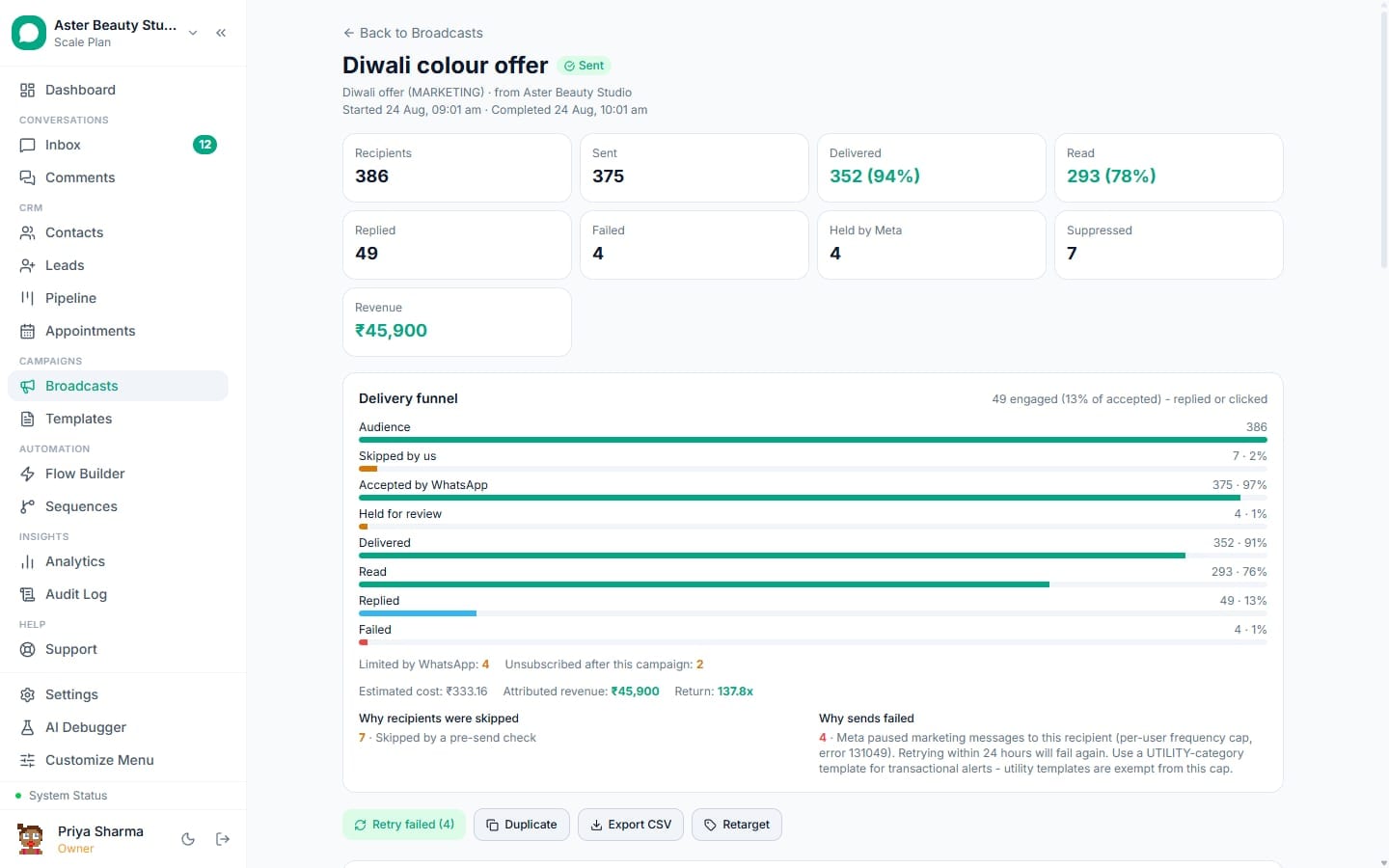 WhatsApp broadcast campaign report in VGraple CRM