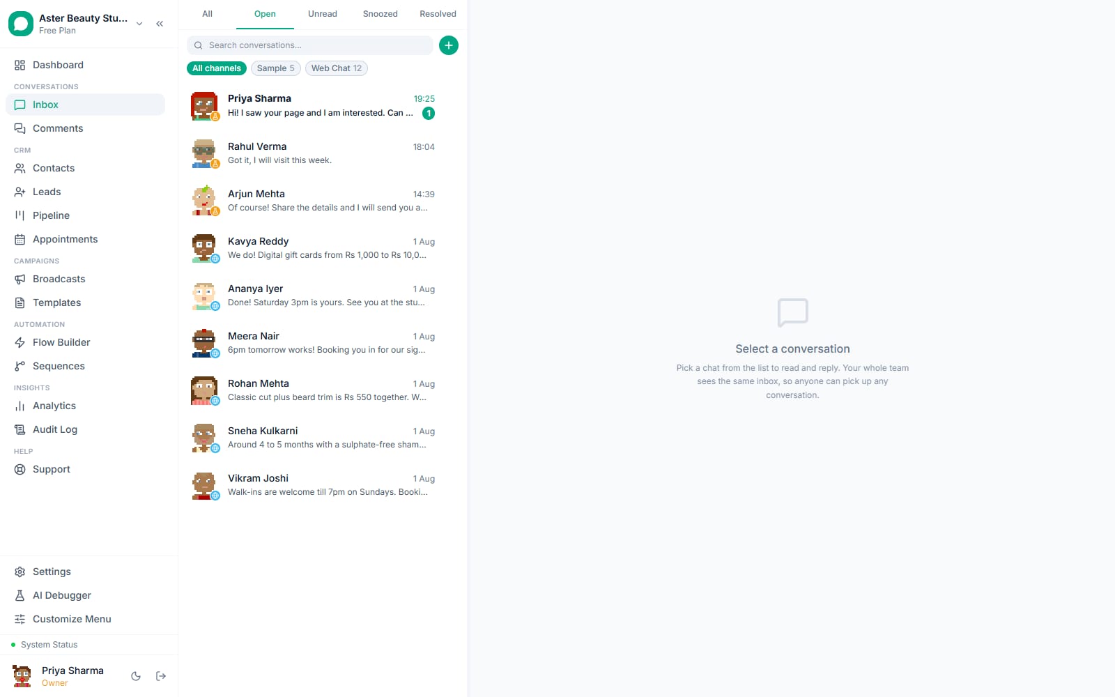 VGraple CRM shared inbox with the conversation list filtered by channel, unread and resolved tabs