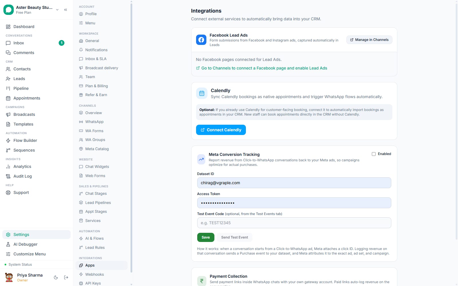 Integrations settings in VGraple CRM: Facebook Lead Ads, Calendly, Meta Conversion Tracking and payment collection