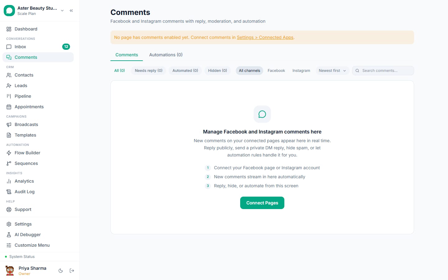 Facebook and Instagram comments in VGraple CRM with automated reply rules and a comment-to-DM handover