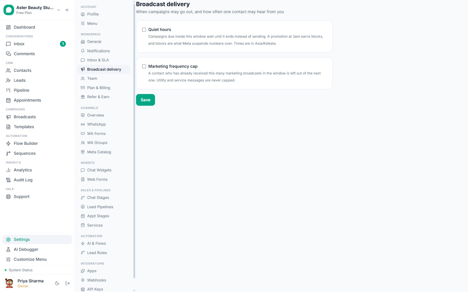 Broadcast delivery settings in VGraple CRM: quiet hours and marketing frequency cap