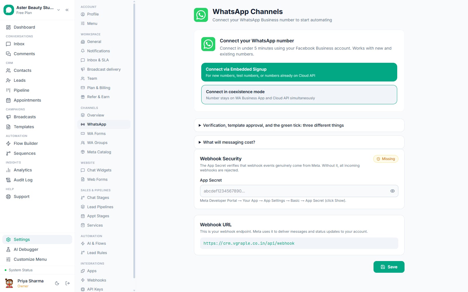 WhatsApp channel settings in VGraple CRM with Embedded Signup and coexistence mode connect options