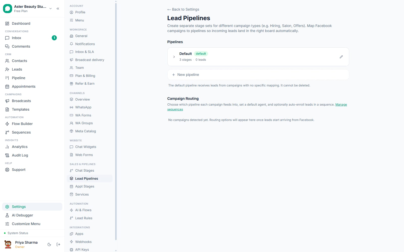 Lead pipelines settings in VGraple CRM with the default pipeline and campaign routing
