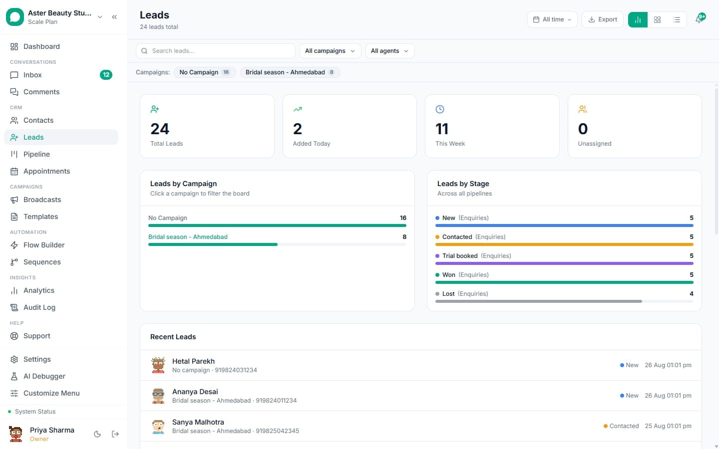 Leads pipeline Kanban in VGraple CRM