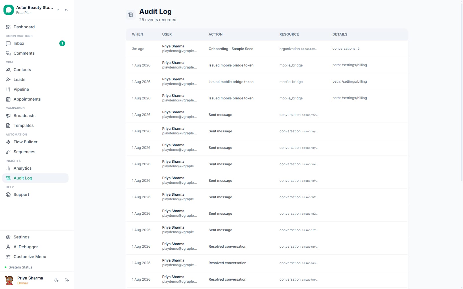 Audit log in VGraple CRM listing every action with actor, resource and details