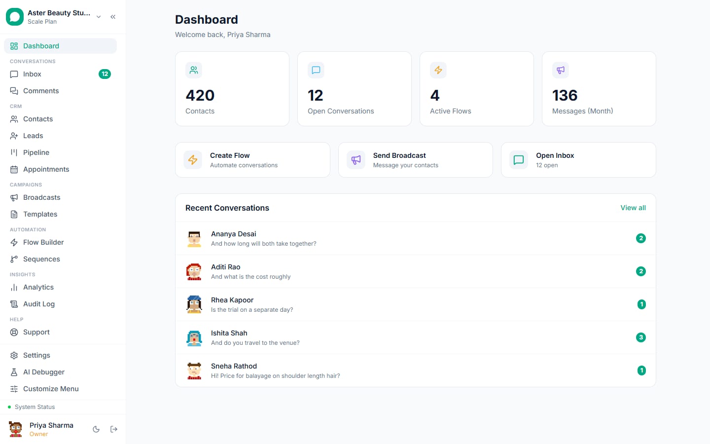 The VGraple CRM dashboard with contact and conversation counts, active flows and messages sent this month