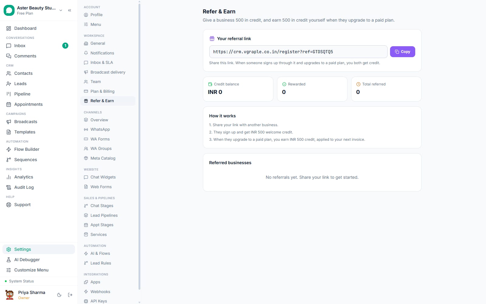 Refer and earn screen in VGraple CRM with the referral link and credits