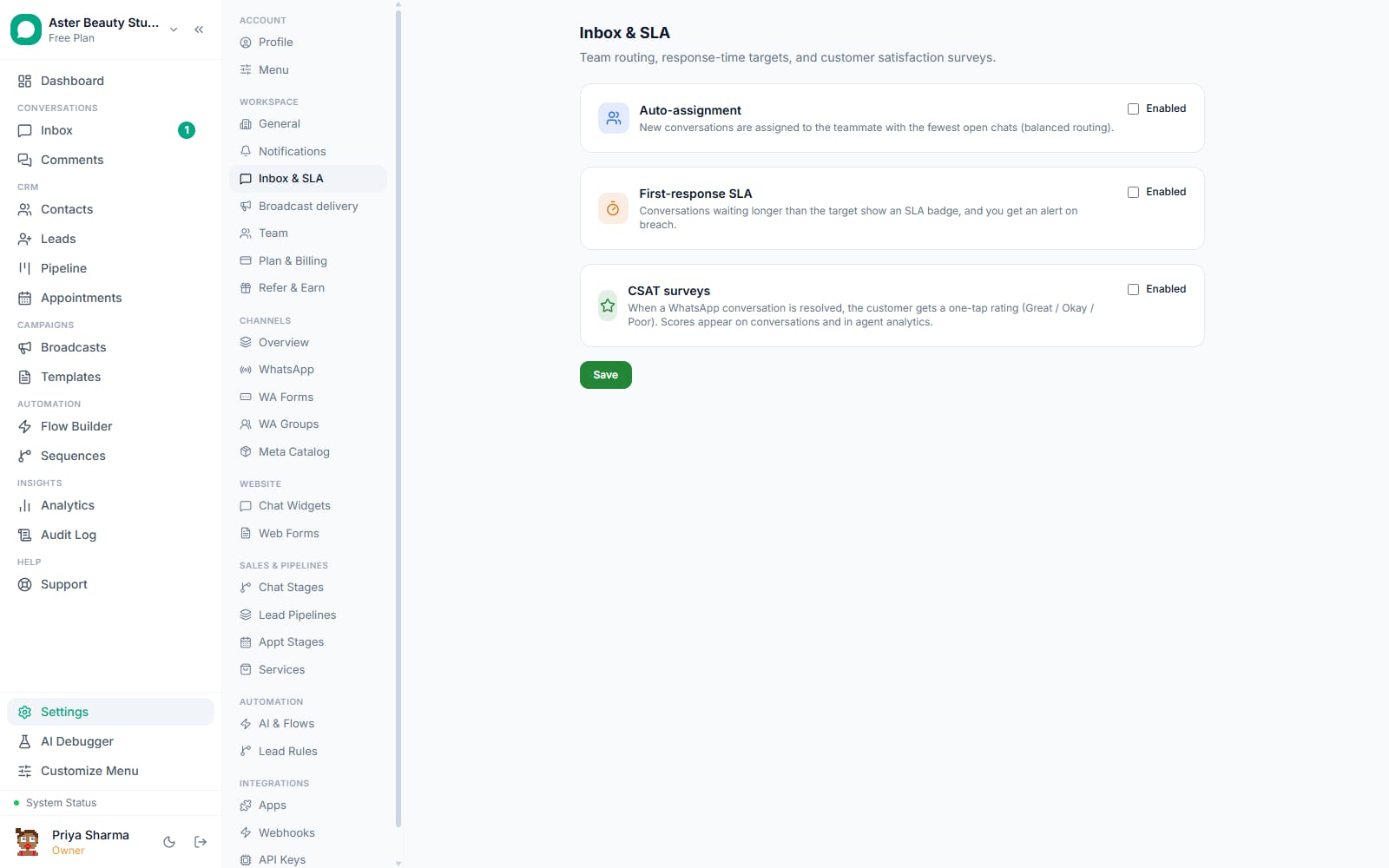 Inbox and SLA settings in VGraple CRM: auto assignment, first-response SLA and CSAT surveys