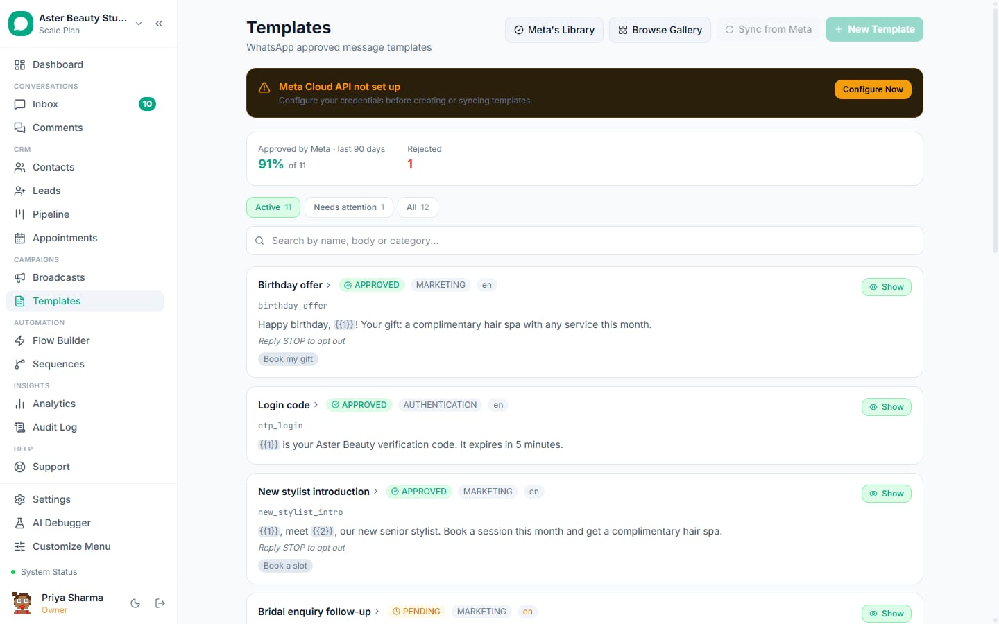 Templates screen in VGraple CRM with the gallery, Meta library and sync options
