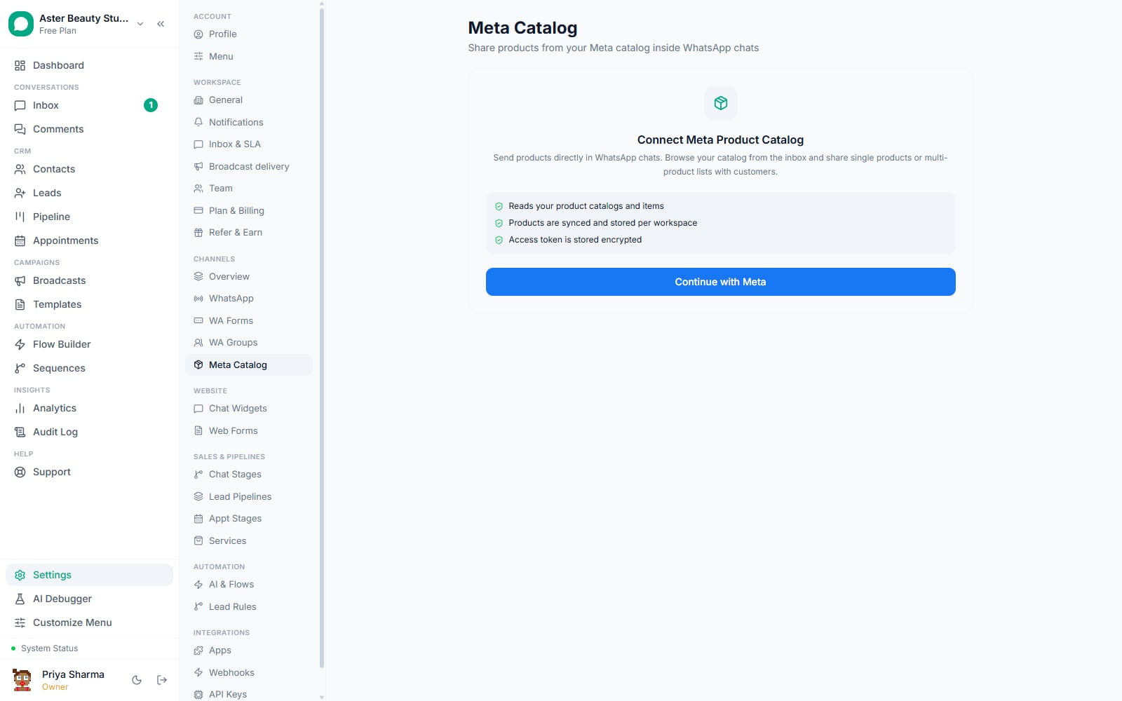 Meta catalog connection screen in VGraple CRM
