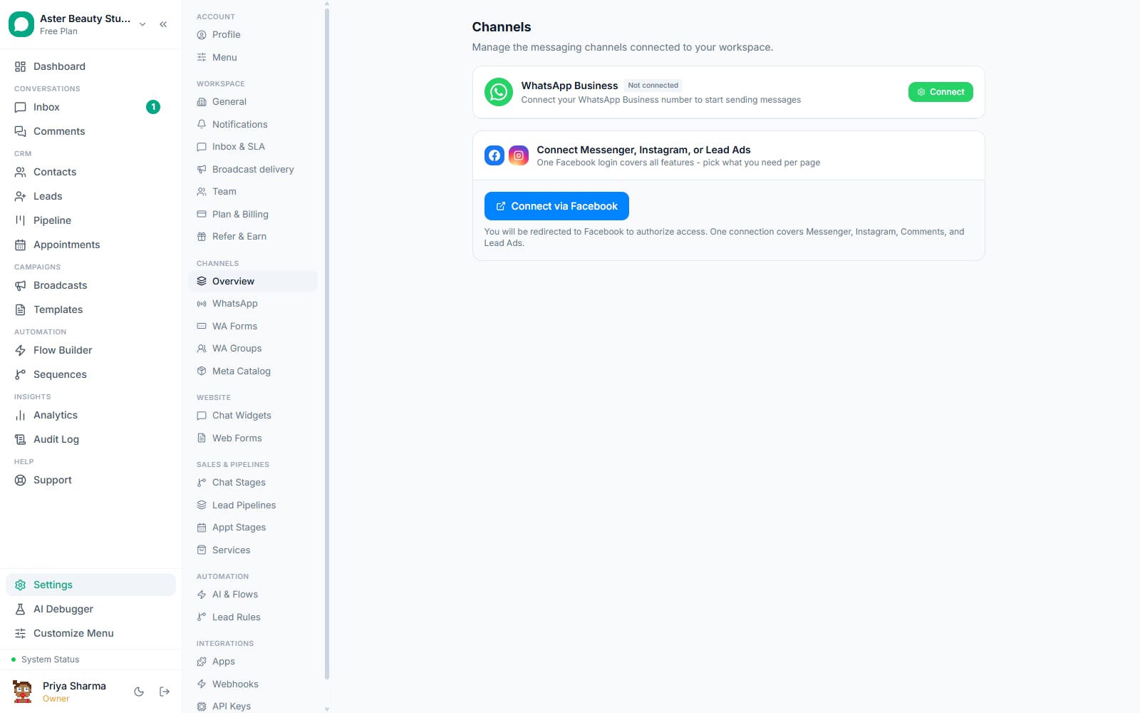 Channels settings in VGraple CRM showing the WhatsApp Business channel and the Meta connect button