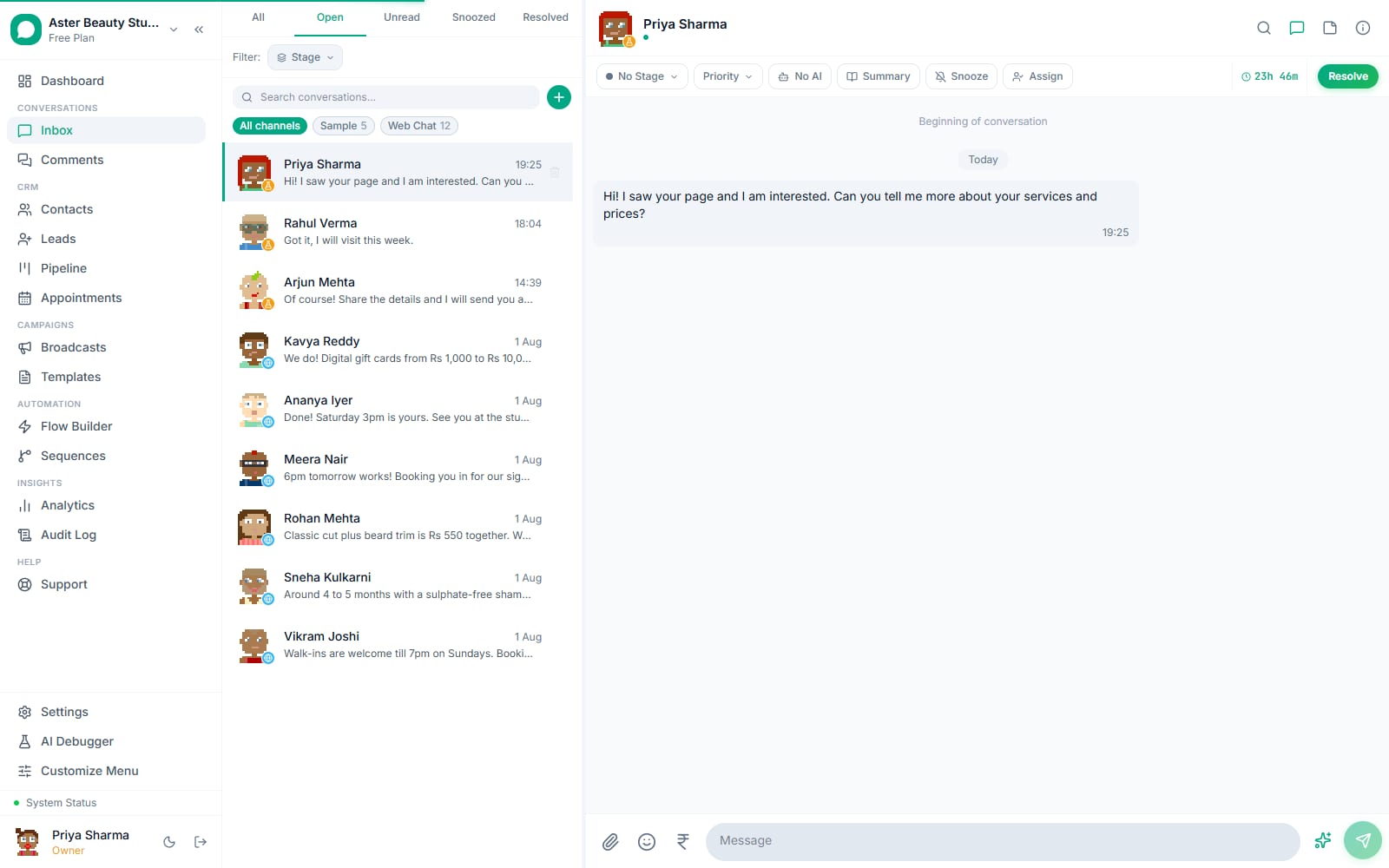 A conversation open in the VGraple CRM inbox with stage, priority, assign, summary, snooze and resolve controls in the header