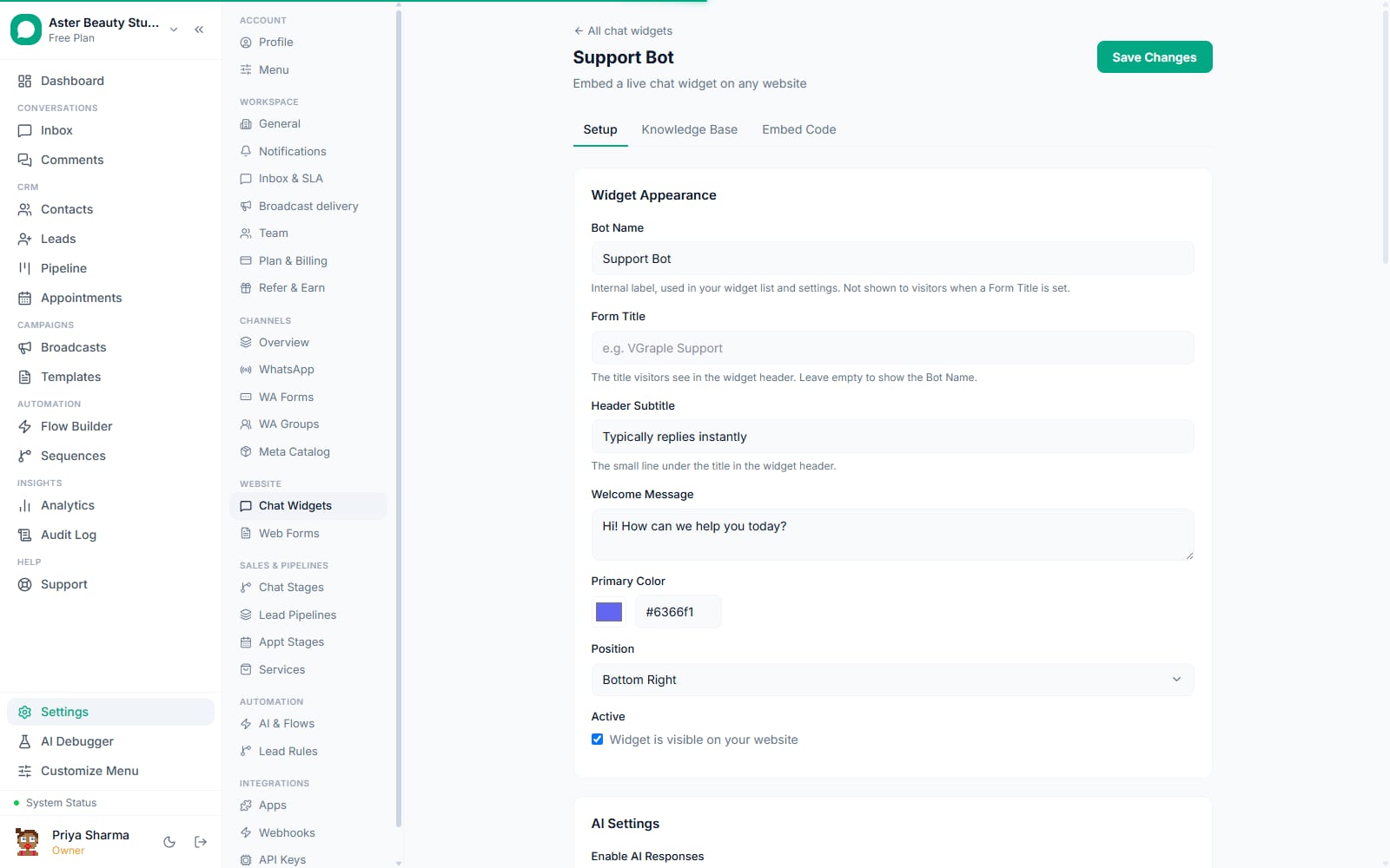 Chat widget setup in VGraple CRM: appearance, welcome message, position and AI settings