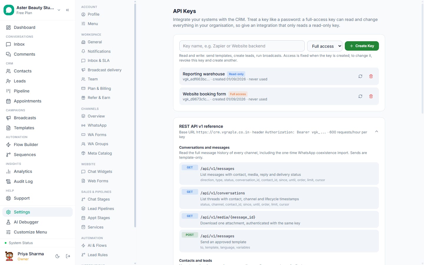 API keys in VGraple CRM showing a full-access and a read-only key with their prefixes and access badges