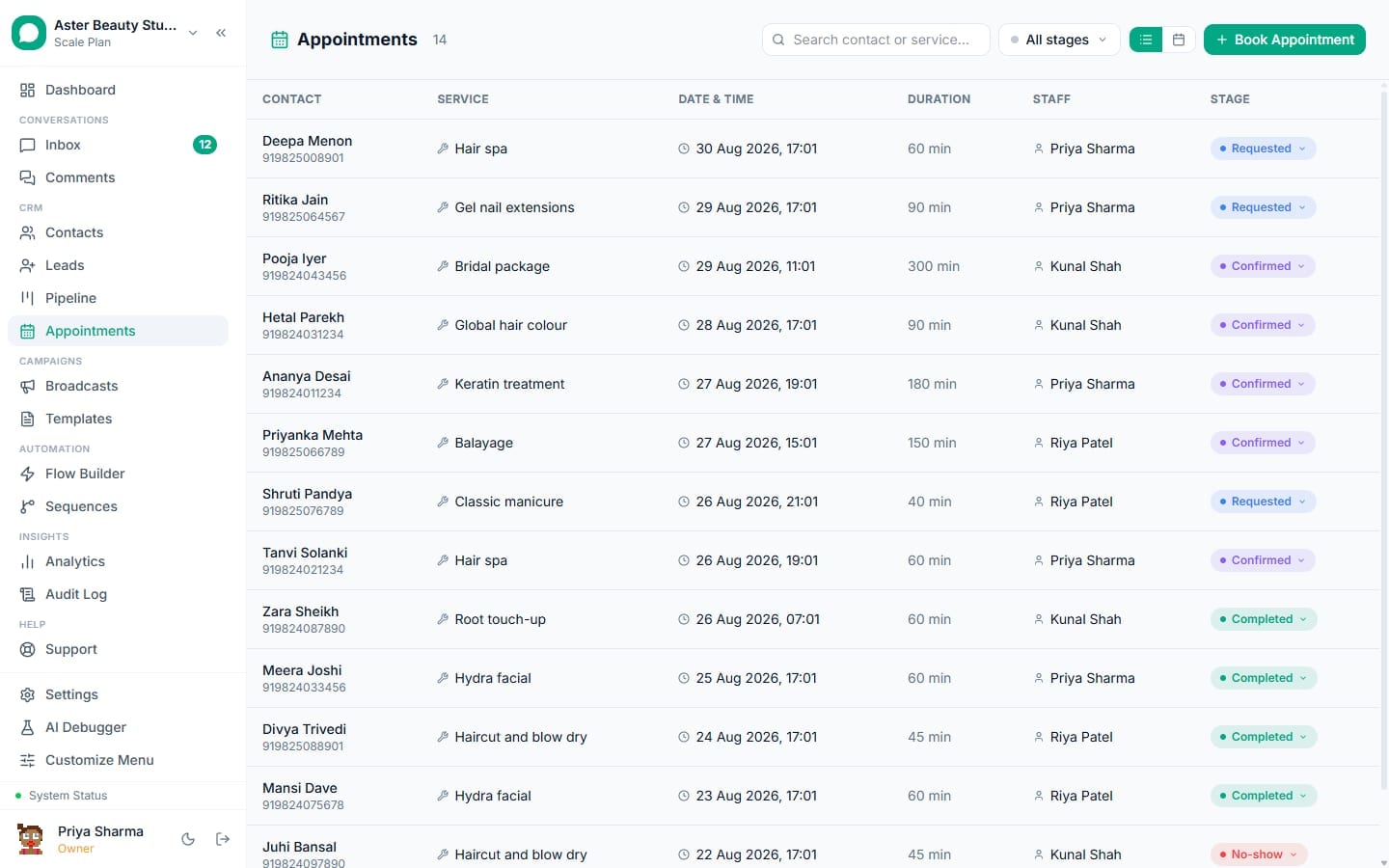 Appointment bookings with services, staff and stages in VGraple CRM