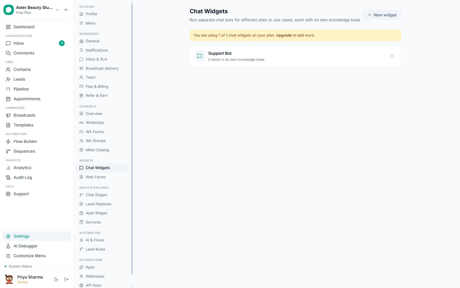 Chat widgets list in VGraple CRM