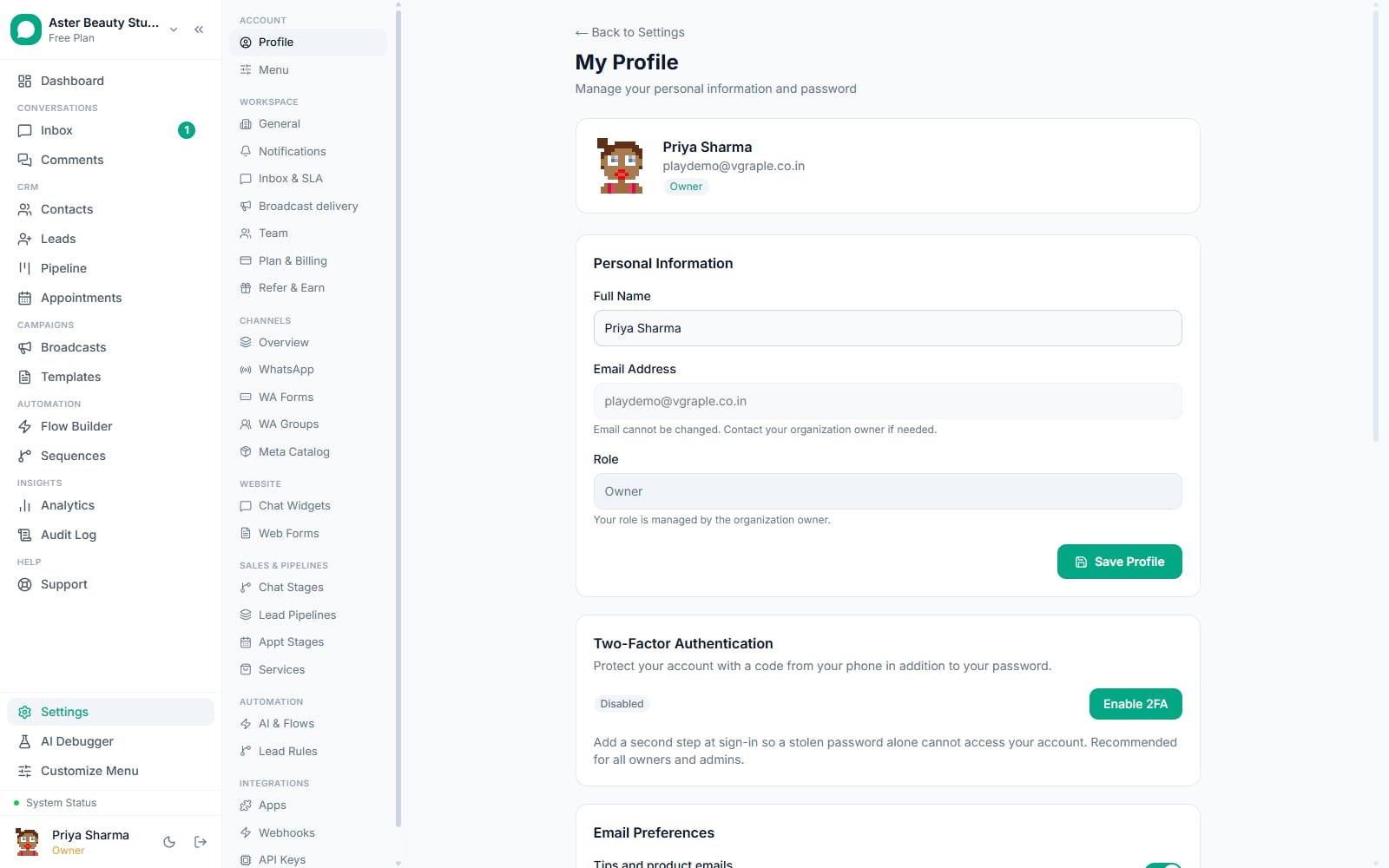 Profile settings in VGraple CRM with two-factor authentication
