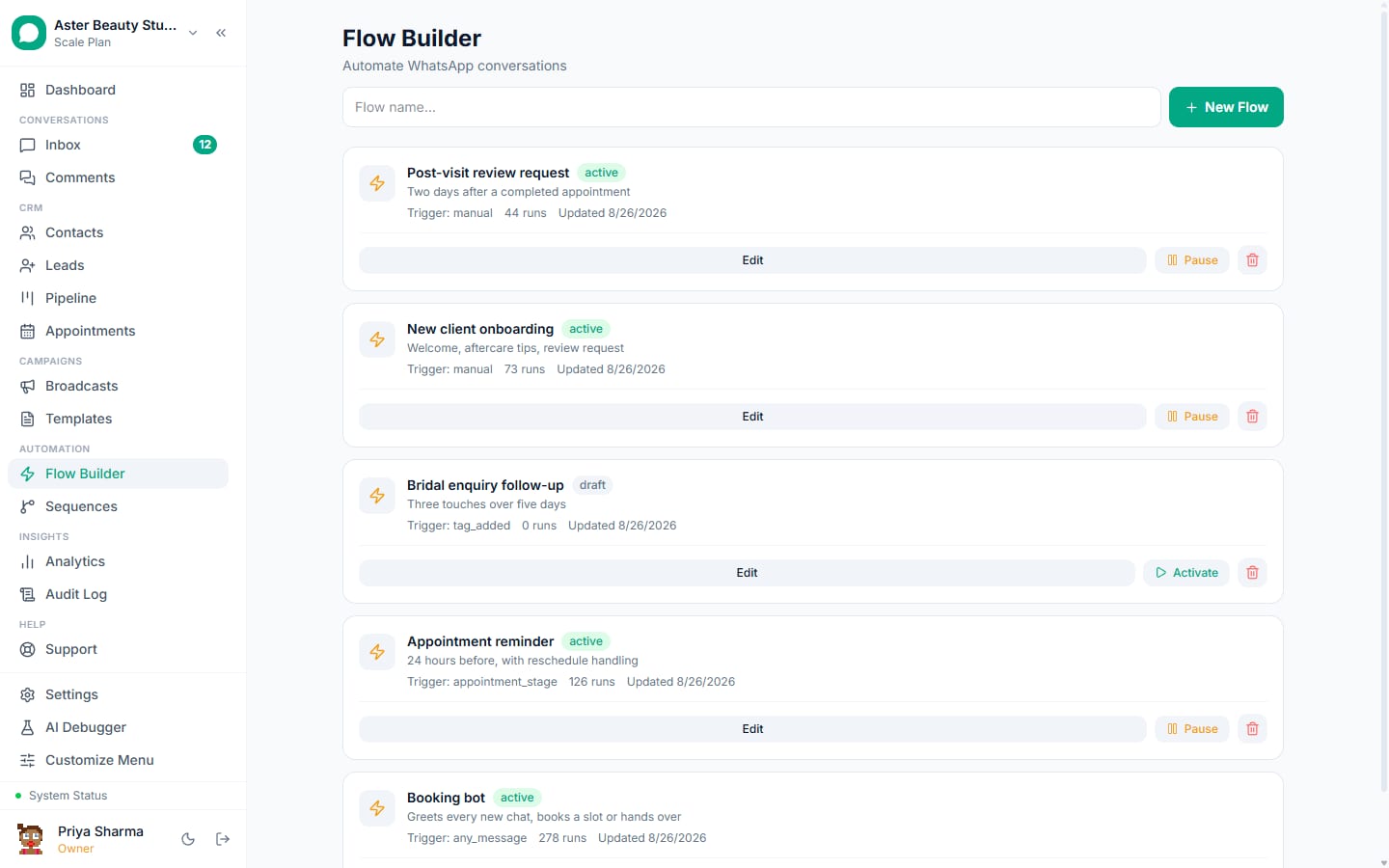 Automation flows in VGraple CRM with their trigger type, status and how many times each one has run