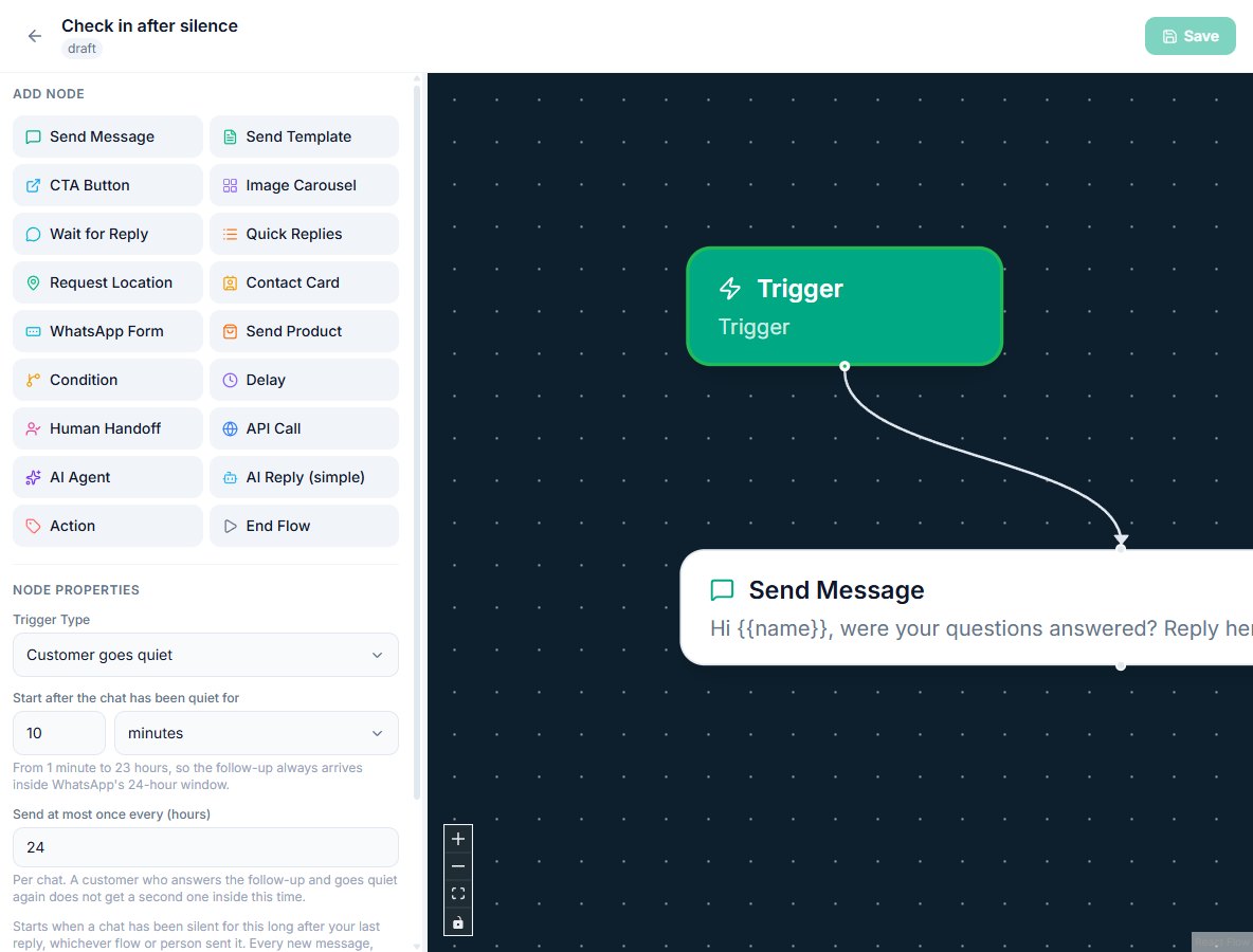 The Customer goes quiet trigger in the VGraple CRM Flow Builder, with the quiet time set to 10 minutes and one follow-up every 24 hours