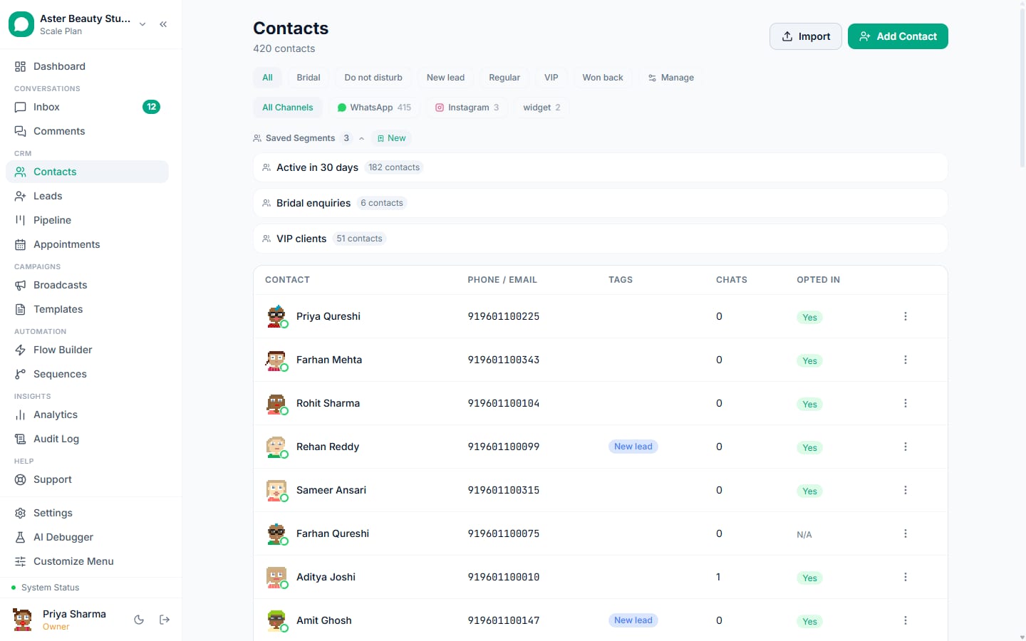 Contacts in VGraple CRM: 420 contacts with tags, channel filters, saved segments and opt-in status