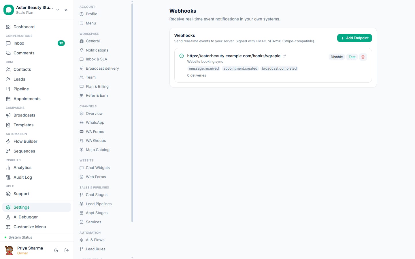 Outbound webhooks in VGraple CRM with the events each endpoint subscribes to and its delivery count